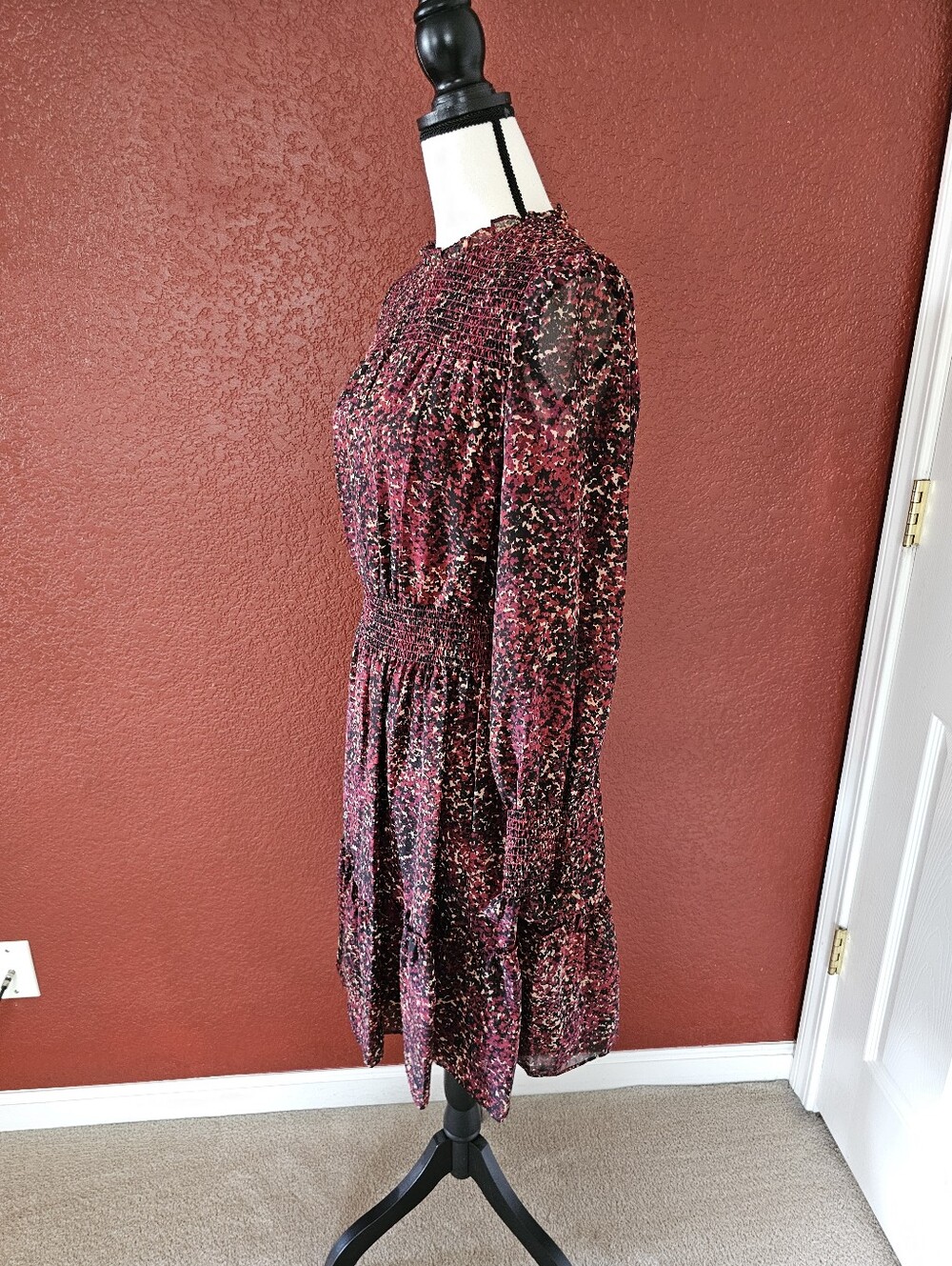 Taylor Burgundy Floral Long-Sleeve Smocked Waist Dress - Picture 4 of 9